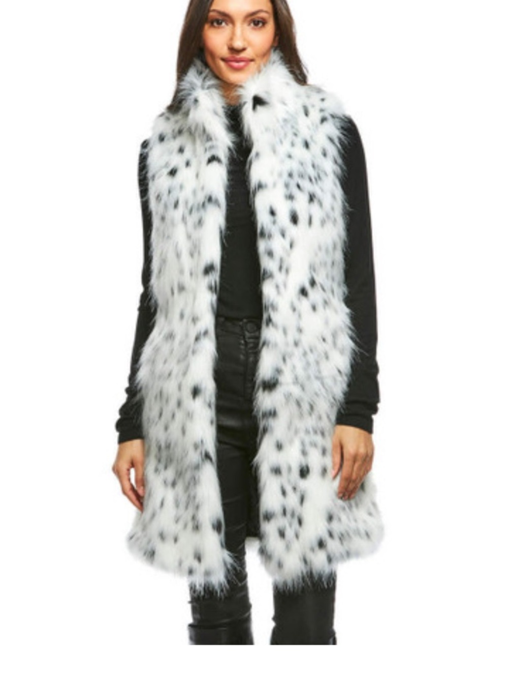 Faux Fur Long Vest in White and Black Speckle - Picture 7 of 7